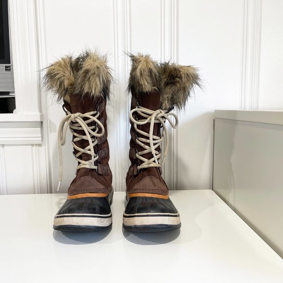 😍 SOREL WOMAN JOAN OF ARCTIC SNOW BOOTS BORWN WATERPROOF SUEDE FAUX FUR TOP 😘 - Picture 13 of 13